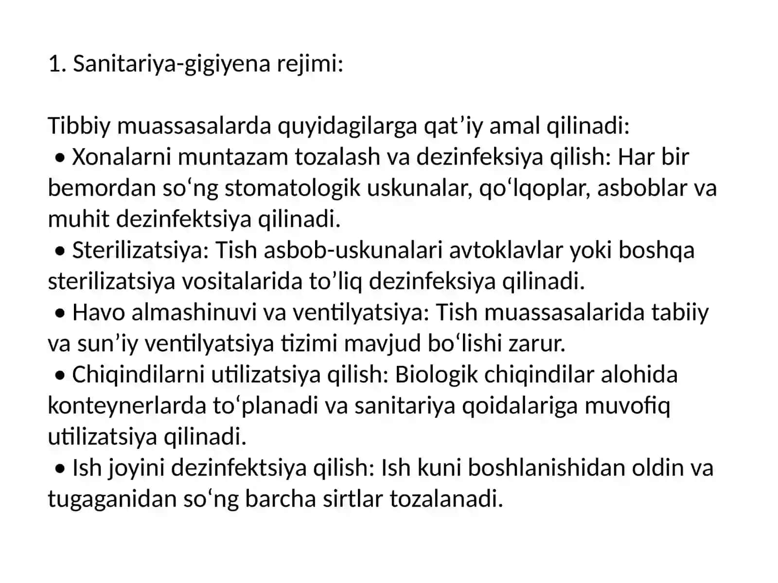 №8 Tish profilaktikasi tibbiy-profilaktik muassasalarda sanitariya-gigiyena rejimi. Mehnat gigiyenasi, shaxsiy gigiyena qoidalari, tibbiy ko‘rik va xodimlarni emlash zarurati va chastotasi 3
