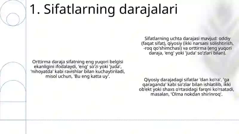 Sifat soʻz turkumi. Sifatning lekisik-grammatik xususiyatlari ma'no turlari 3