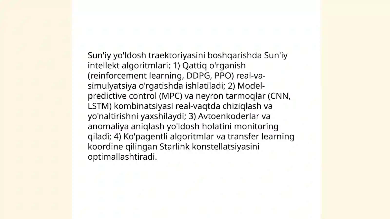 Sun'iy yo'ldoshlar traektoriyasini boshqarish (Starlink (SpaceX) AI) 3