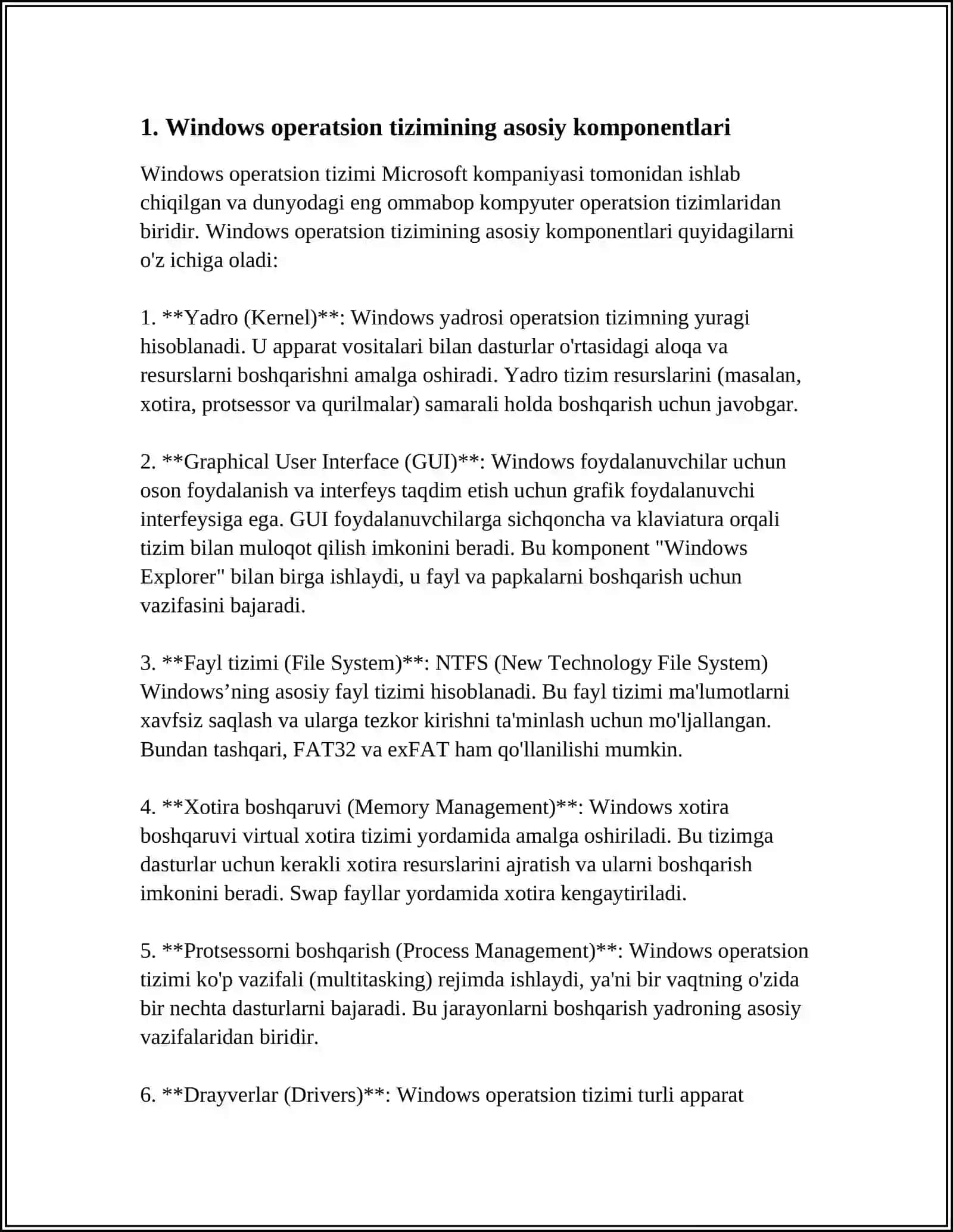 WINDOWA OPERATSION TIZIMIDA ISHLASH ASOSLARI. WINDOWS OPERATION SISTEEMADINING BAZAVIY OB'EKTLARI BILAN ISHLASH 3