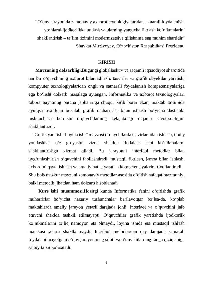 Umumiy o`rta ta`lim maktablarining 6-sinfida Informatika va AT fanidan “Grafik yaratish. Loyiha ishi” 3