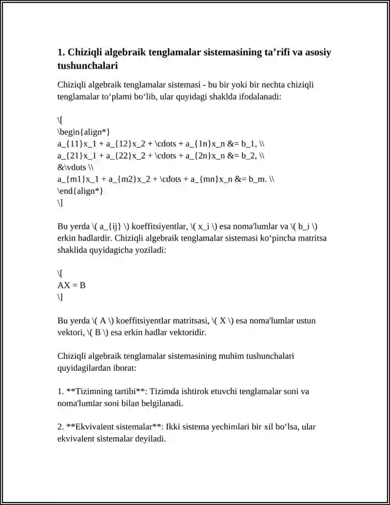 CHIZIQLI ALGEBRAIK TENGLAMALAR SISTEMASI VA UNING YECHIMI 3