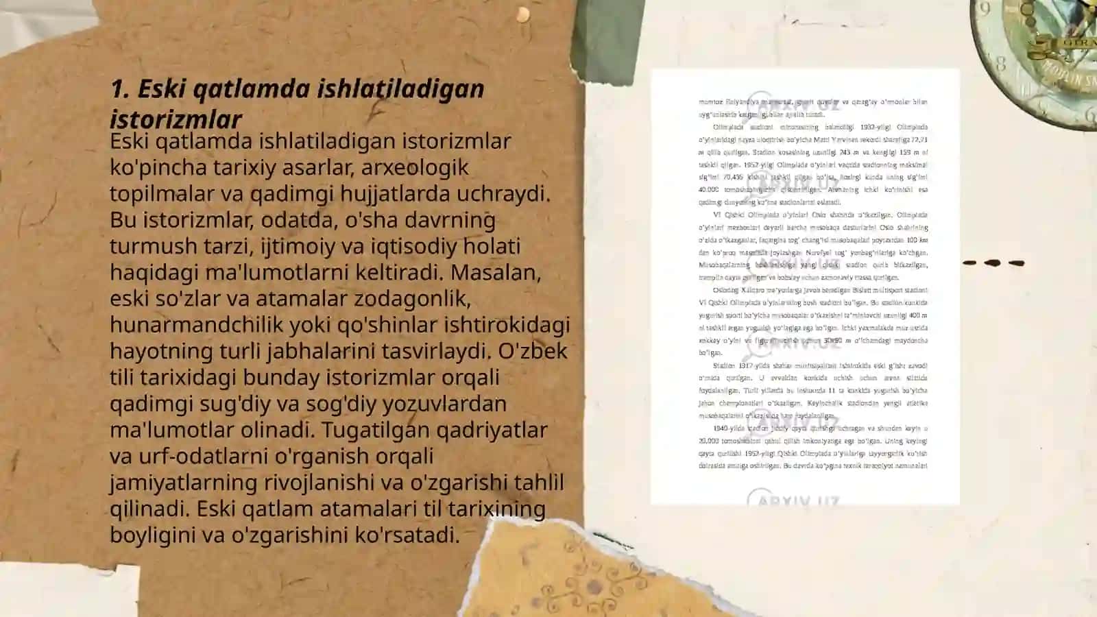 Eski qatlam:istorizmlar va arxaizmlar. Yangi qatlam:neologizmlar. Fraziologik birliklar 3