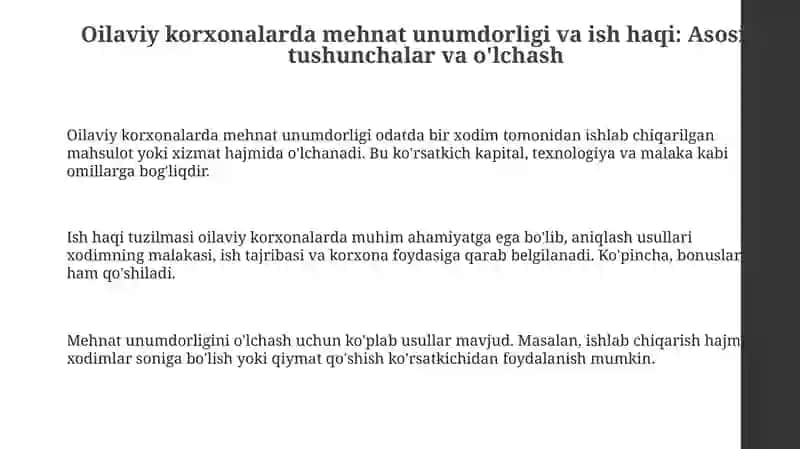 Oilaviy korxonalarda mehnat unumdorligi va ish haqi: Asosiy tushunchalar va o'lchovlar 3