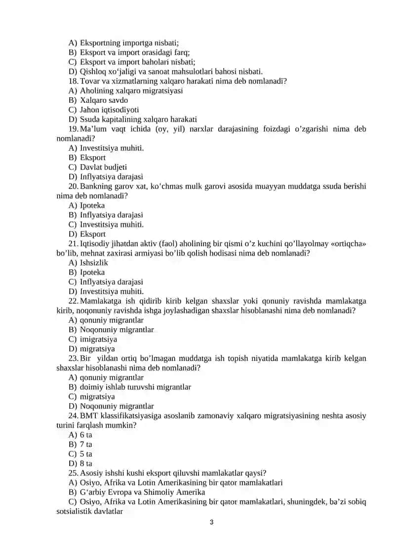 Global iqtisodiy rivojlanish fanidan Joriyiy nazorat uchun test savollari 3