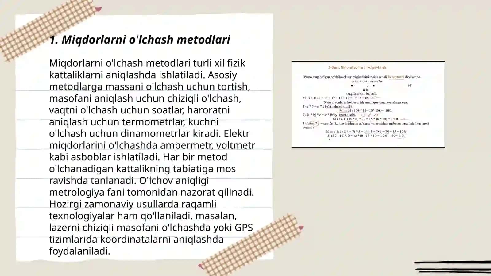 Miqdorlarni òlchash, òlchov birliklarining turlari orasidagi boģliqliklar va ular ustida (ismli sonlar ustida)amallar bajarishga òrgatish metodikasi 3