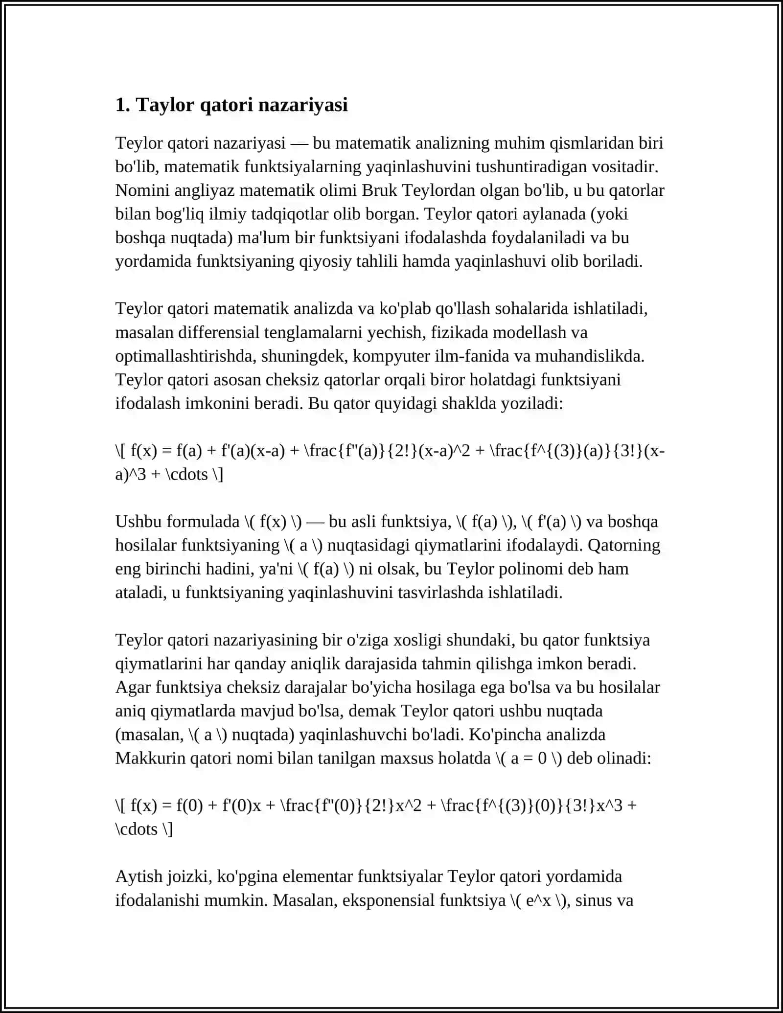 MATHCADDA DASTURI YORDAMIDA FUNKSIYANI TAYLOR QATORIGA YOYISH 3