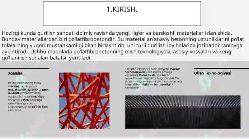 Po‘latfibrobeton Olish Texnologiyasi, Xossalari va Ishlatilish Sohalari 3