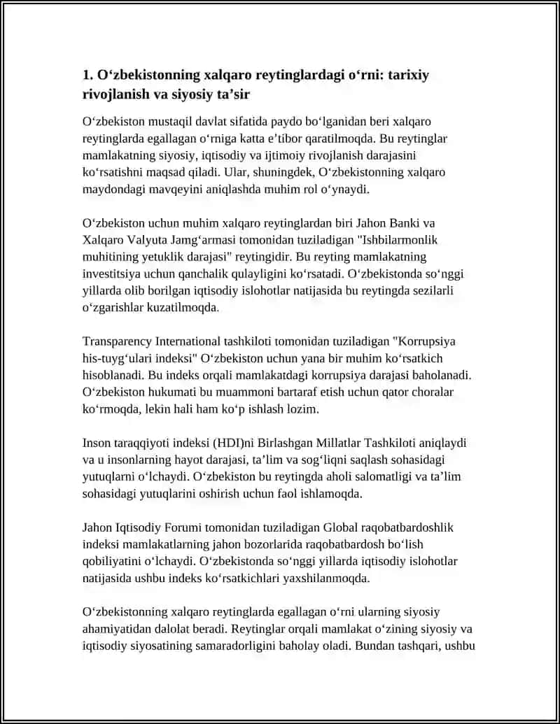 O‘zbekistonda xalqaro reytinglaridagi koʻrsatkichlarini koʻrsatishning tarixiy va siyosiy ahamiyati 3