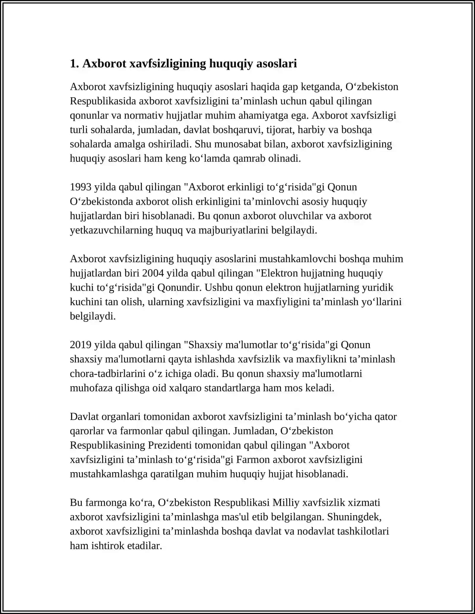 OʻZBEKISTONDA AXBOROT XAVFSIZLIGINI TAʼMINLASHNING HUQUQIY MAʼNAVIY METOLOGIK ASOSLARI 3