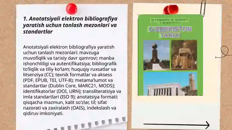 O‘zbekistontarixining turlidavrlariga oidelektron kitoblarbibliografiyasinishakllantirish.Tarixiy obidalarni 3DmodellashtirishningahamiyatiAnotatsiyali roʻyxat qliw kk ekan 3