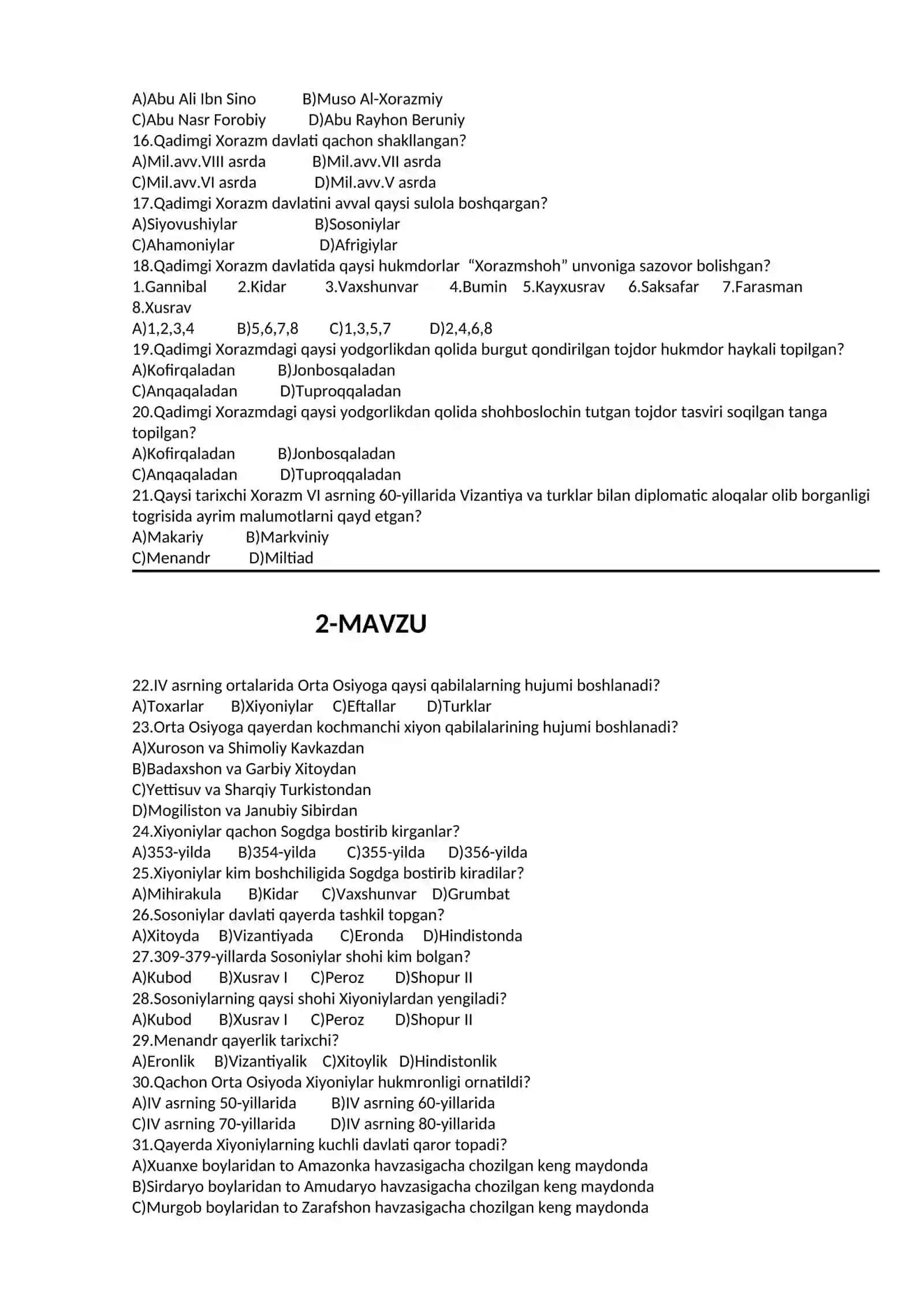 7-sinf O’zbekiston tarixi I-BOB dan testlar 3
