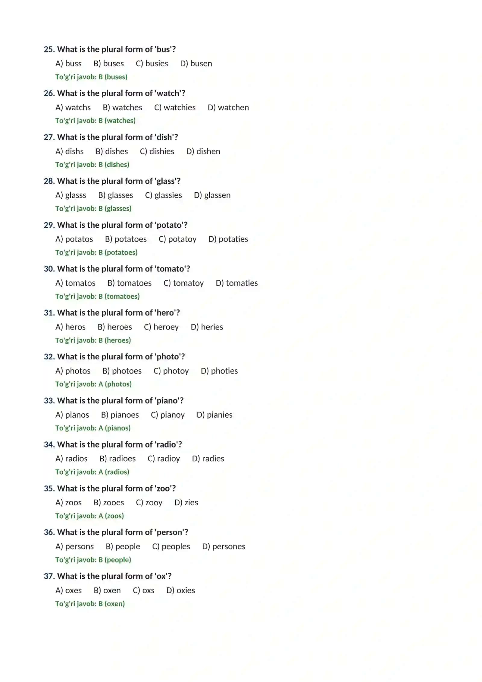 ENGLISH GRAMMAR: PLURAL NOUNS (OTLARNING KO'PLIK  SHAKLI)  MAVZUSI BO'YICHA100 TA TEST TOPSHIRIQLARI 3