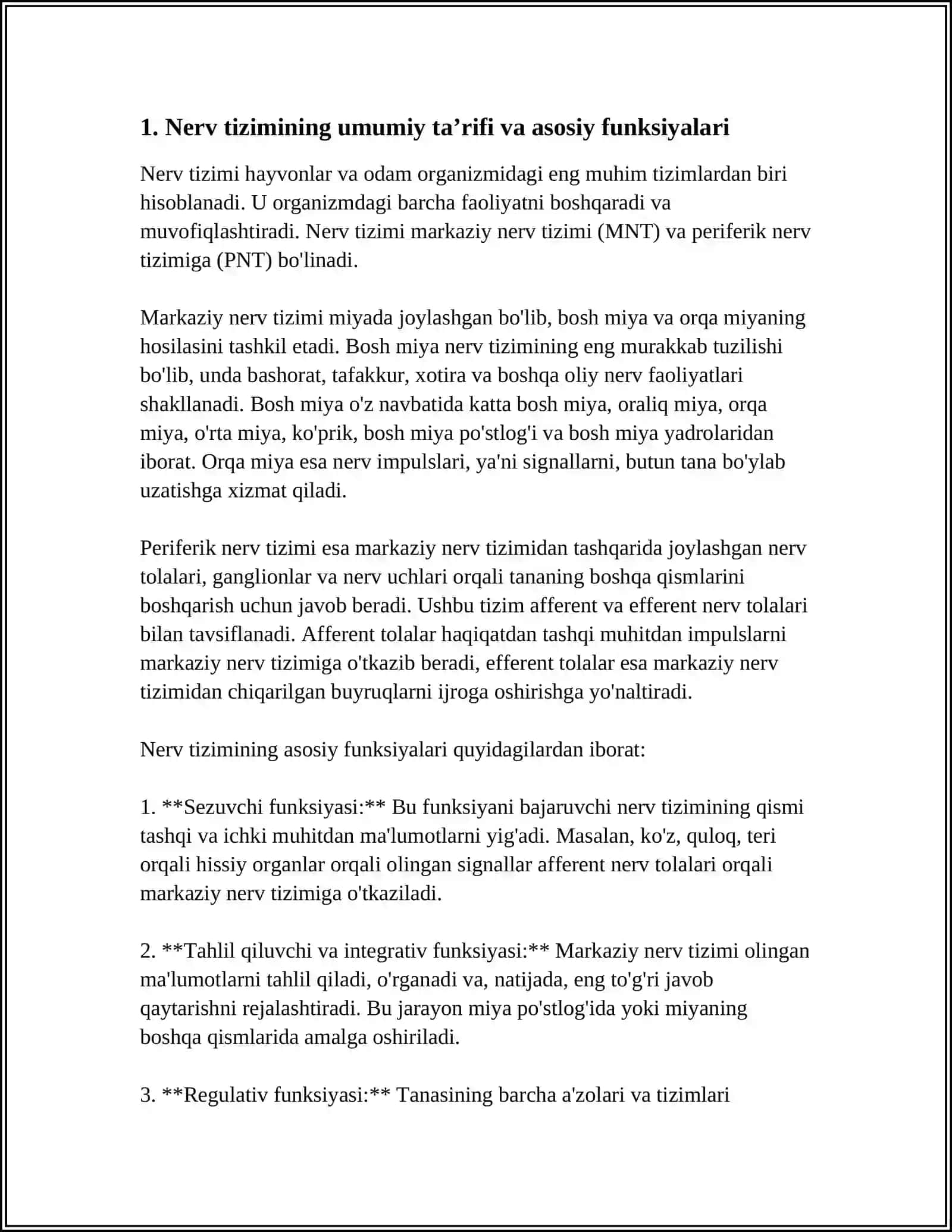 MUSTAQIL ISH: NERV TIZIMI, UMUMIY TAVSIFI VA TARAQQIYOTI 3