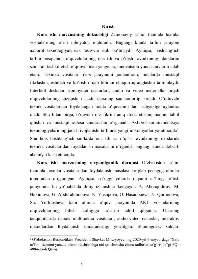 Boshlang‘ich sinf ona tili va o‘qish savodxonligi darslarida texnika vositalaridan foydalanish kurs ishi 3
