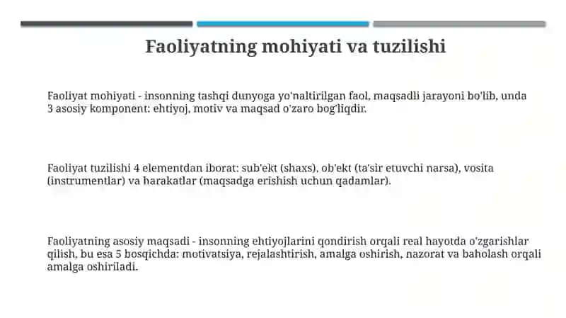 Faoliyatining tuzilishi va turlari 3