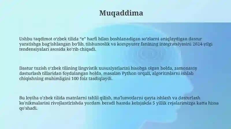 O'zbek tilida "E" harfi bilan boshlanuvchi o'zbek so'zlarining aniqlovchi dastur 3