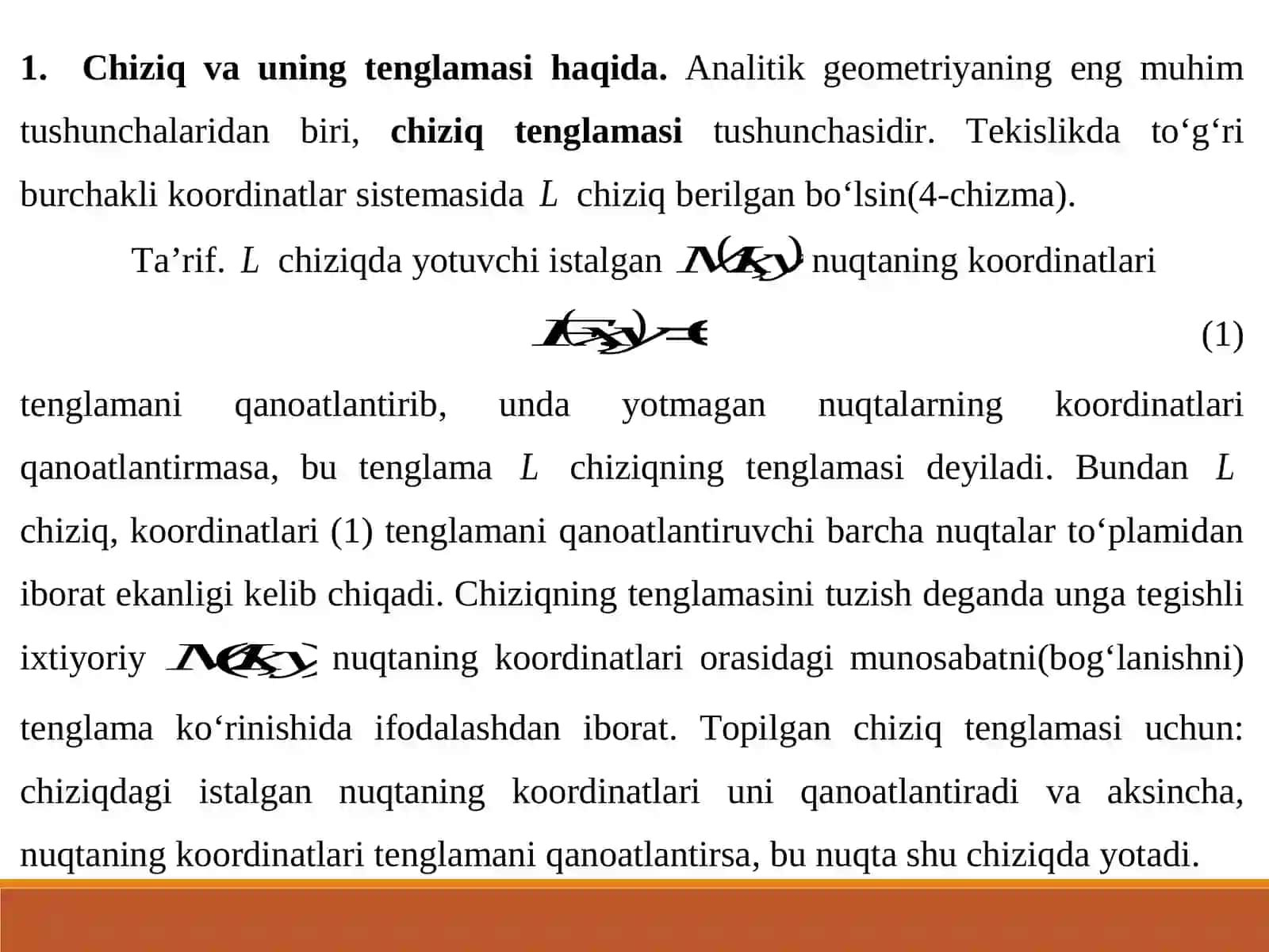 To’g’ri chiziqning umumiy , burchak koeffitsientli va o’qlardan ajratgan kesmalar bo’yicha tenglamalari. Ikki nuqtadan o’tuvchi to’g’ri chiziq tenglamasi 3