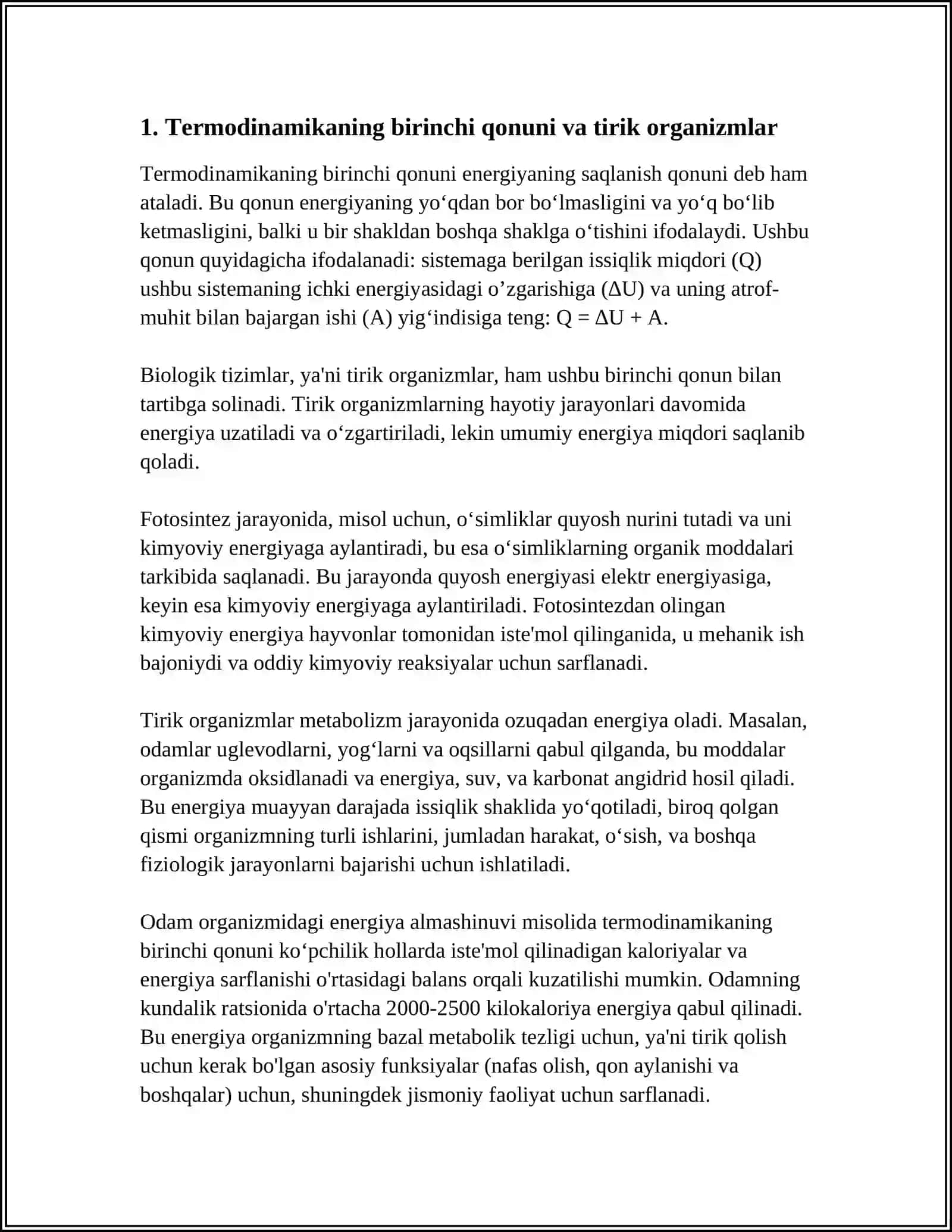 TIRIK ORGANIZMLARDA ENERGIYA ALMASHINUVI JARAYONLARI VA UNI TERMODINAMIKA QONUNLALARI YORDAMIDA ASOSLANISHI 3