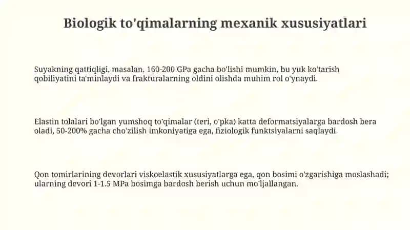 Biologik to'qimalarning mexanik xossalari va uning fiziologik ahamiyati 3