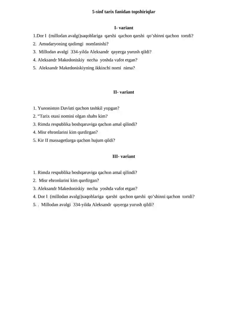 5-sinf tarix fanidan test savollari 3