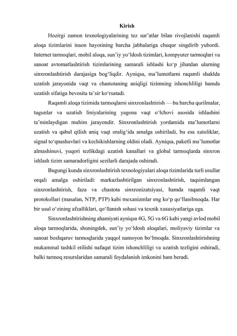 Raqamli aloqa tizimida tarmoqlarni sinxronlashtirish usullari 3