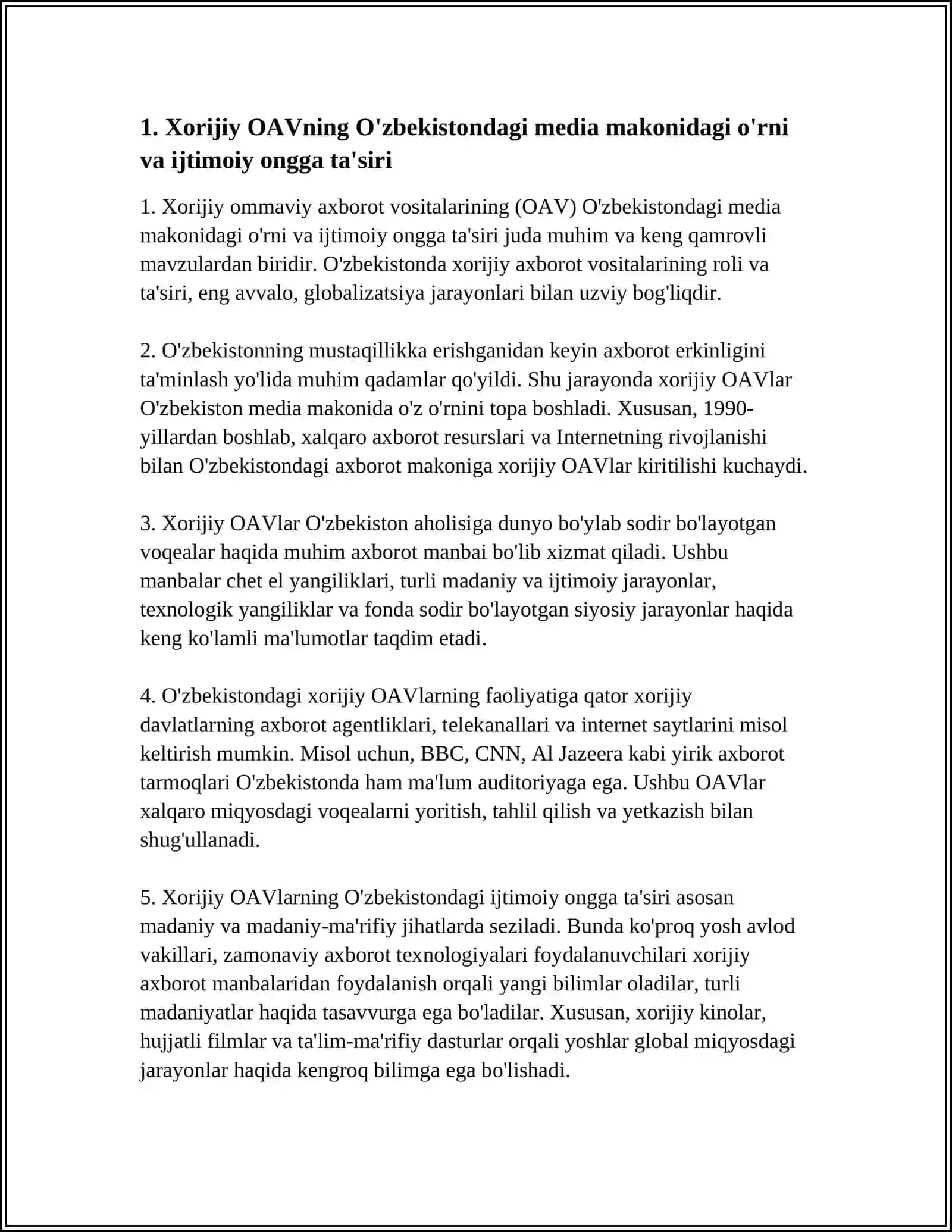 XORIJIY OAVNING MEDIA MAKONIDAGI ÕRNI MAVZUSI HAQIDA 10 BET MUSTAQIL ISH 3