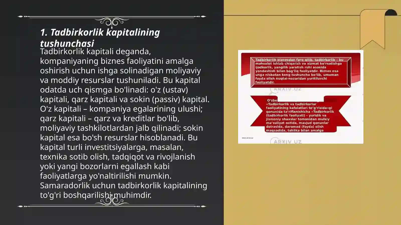 TADBIRKORLIK FAOLIYATI. TADBIRKORLIK KAPITALI VA UNING AYLANISHI 3