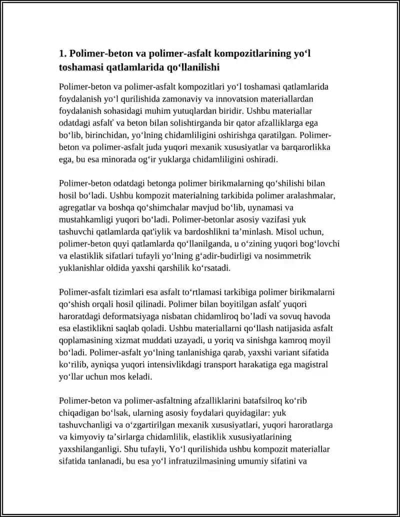 Polimer-beton va polimer-asfalt kompozitlarining yo‘l toshamasi qatlamlarida qo‘llanilishi 3