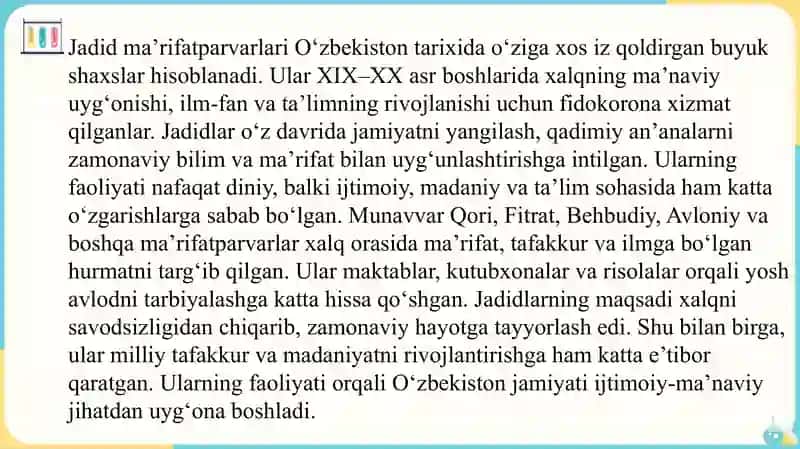 Jadid ma’rifatparvarlarining o‘lka ijtimoiy-ma’naviy hayotida tutgan o‘rni (Munavvar Qori, Fitrat, Behbudiy, Avloniy va boshqalar 3