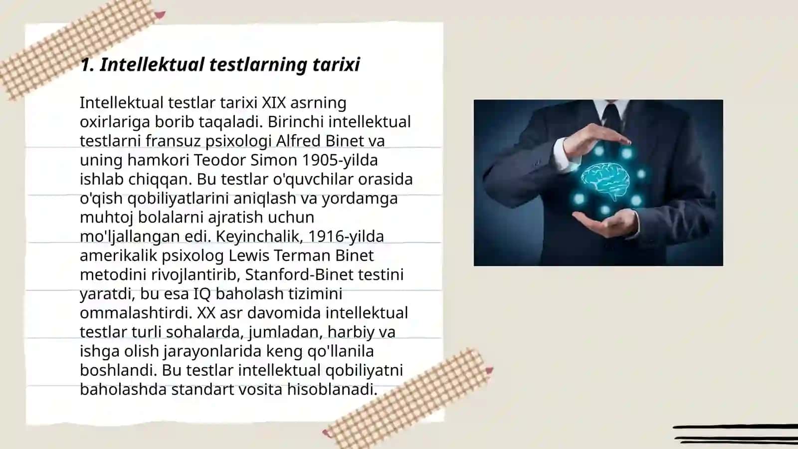 Intellektual testlar xarakteristikasi. Intellektual testlar klassifikatsiyasi 3