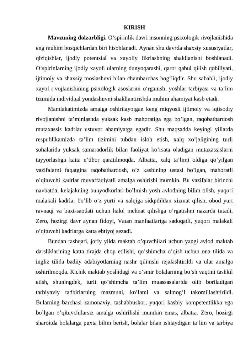 Umumiy psixologiya, "'Oʻspirinlik yoshida ijodiy xayol rivojlanishining psixologik asoslari" mavzusi 3