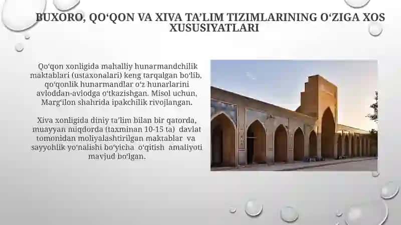 Buxoro amirligi, Qoʻqon va Xiva xonliklarida ta’lim-tarbiya 3