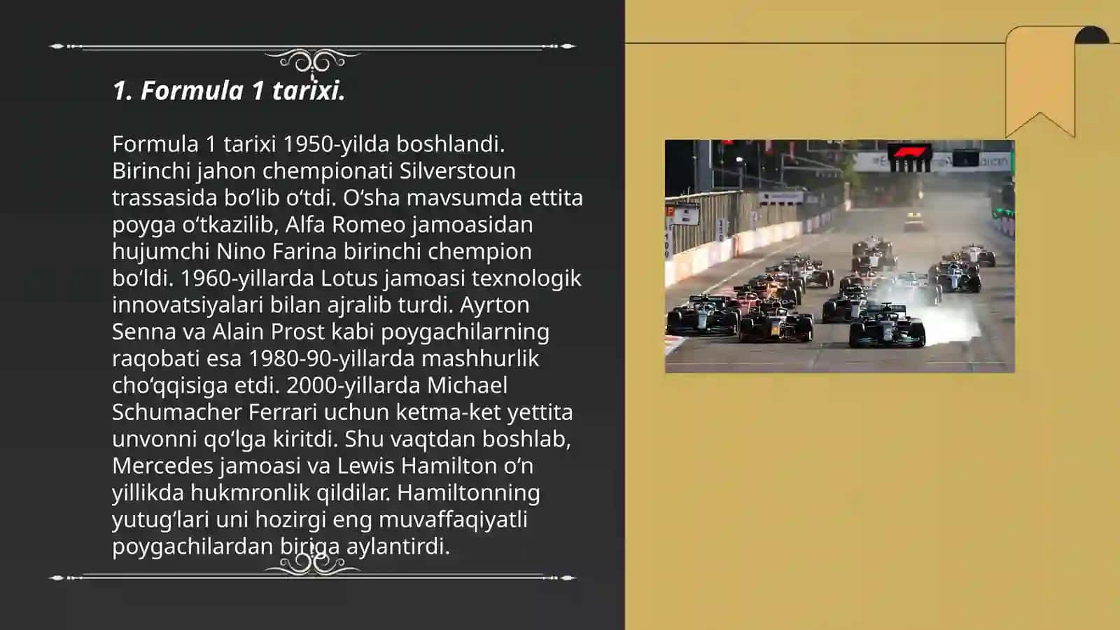 Slayd tayyorlab ber formula 1 haqida 3