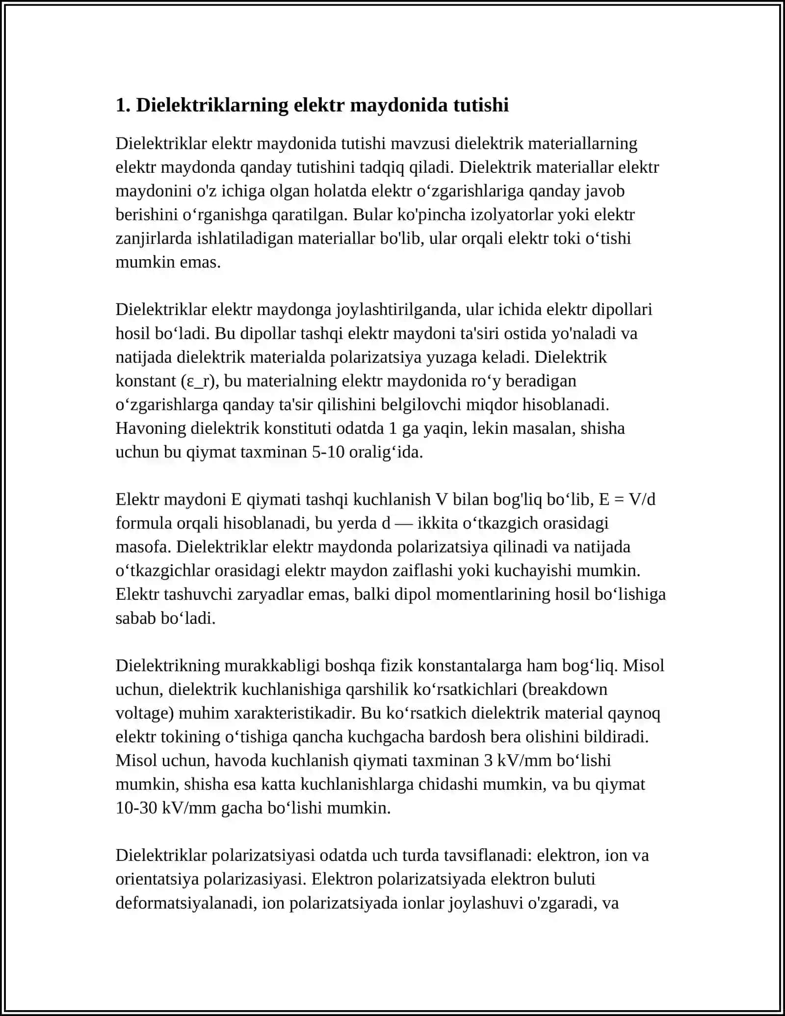 DIELEKTRIKLARDA ELEKTR MAYDONI. DIELEKTRIK SINGDIRUVCHANLIK VA DIELEKTRIKLARNING QUTBLANISHI. PEROELEKTRIKLAR VA SEGNETOELEKTRIKLAR 3