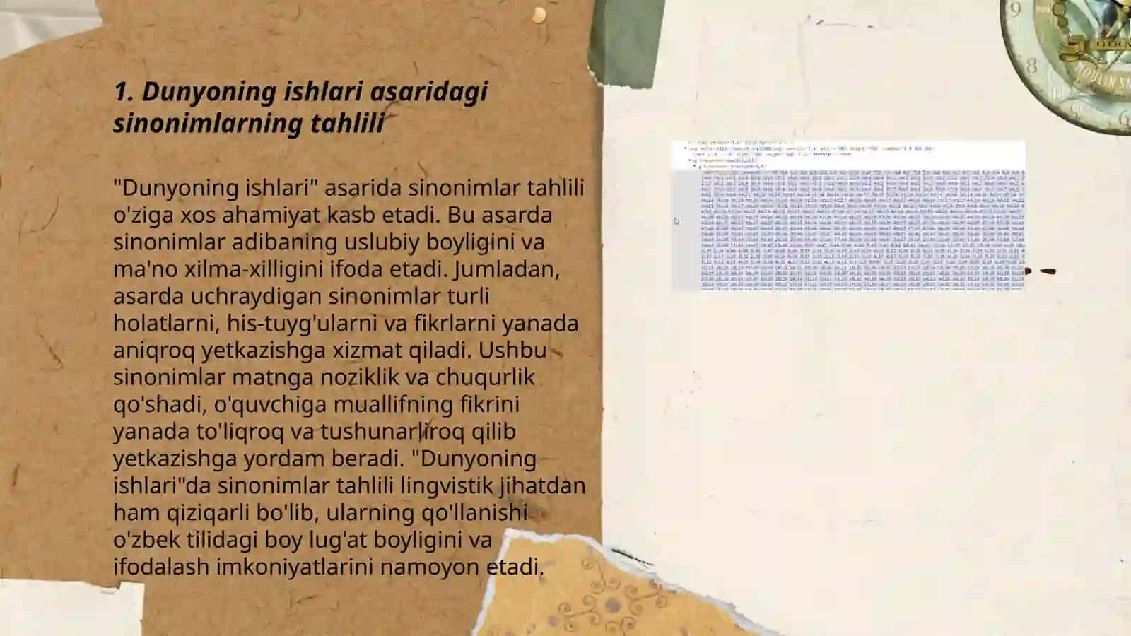 Dunyoning ishlari asaridagi sinonim antonim omonim paronim arxaizm istorizmlarni topish aniqroq kengroq qilib qanday maʼnoni ifodalab kelishiga ham bogʻlab 3