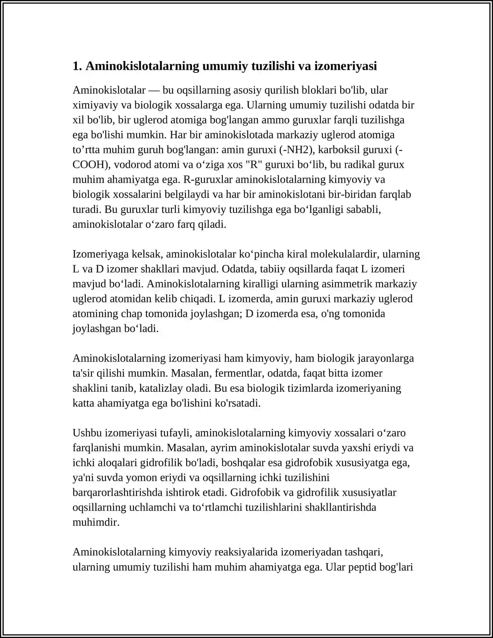 AMINOKISLOTALARNING KIMYOVIY VA BIOLOGIK XOSSALARI. OQSILLARNING KIMYOVIY VA TIBBIY BIOLOGIK XOSSALARI. FERMENTLAR 3