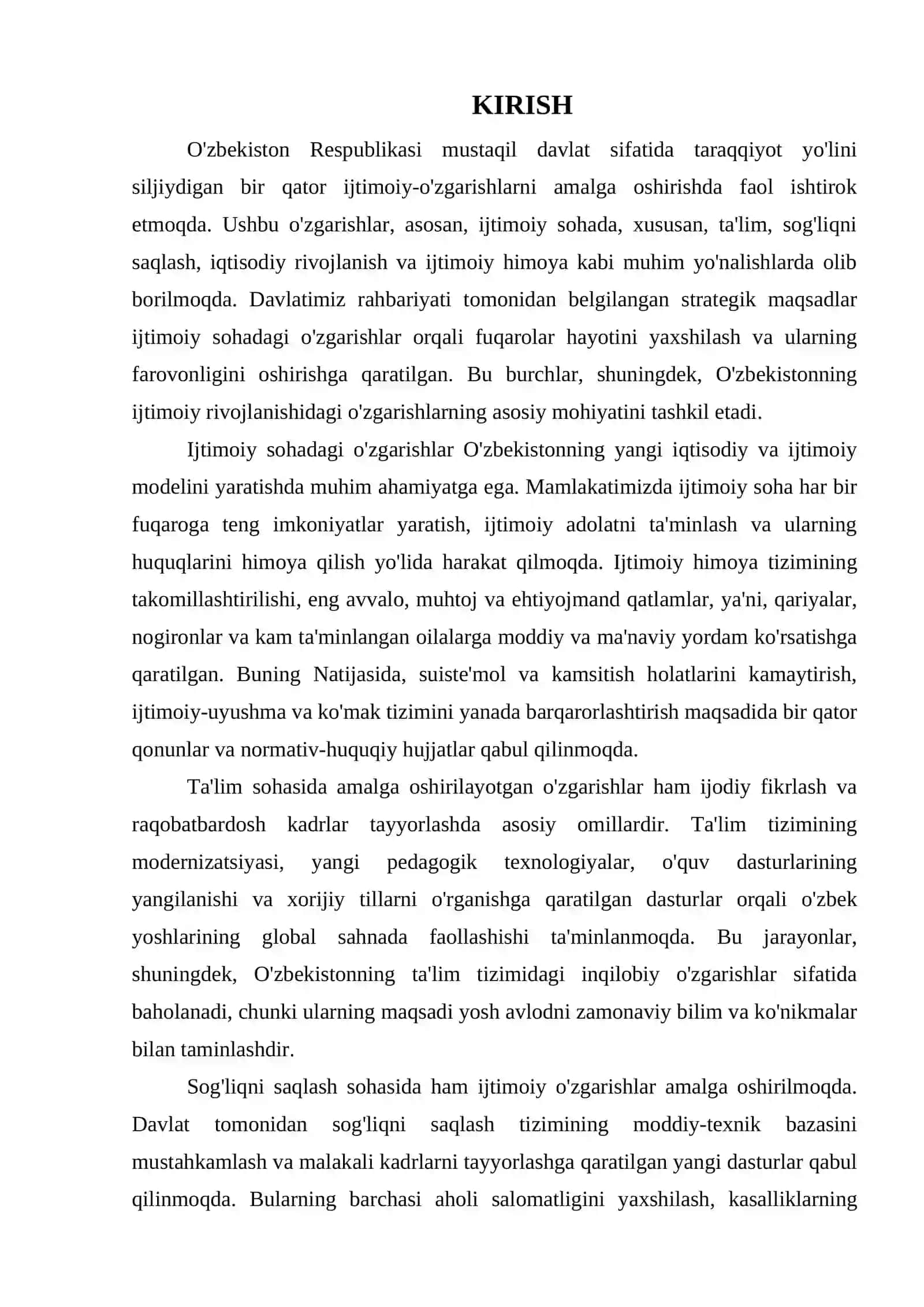 O'ZBEKISTONDA IJTIMOIY SOHADA AMALGA OSHIRILAYOTGAN O'ZGARISHLAR MAZMUN VA MOHIYATI 3