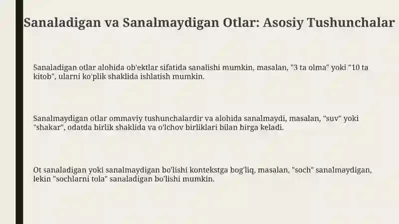 Sanaladigan va Sanalmaydigan Otlar: Asosiy Tushunchalar 3