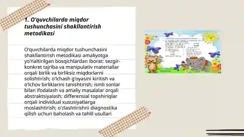 Miqdorlarni o'lchash,o'lchov birliklarining turlari orasidagi bog'liqliklar va ular ustida (ismli sonlar ustida)amallar bajarishga o'rgatish metodikasi 3