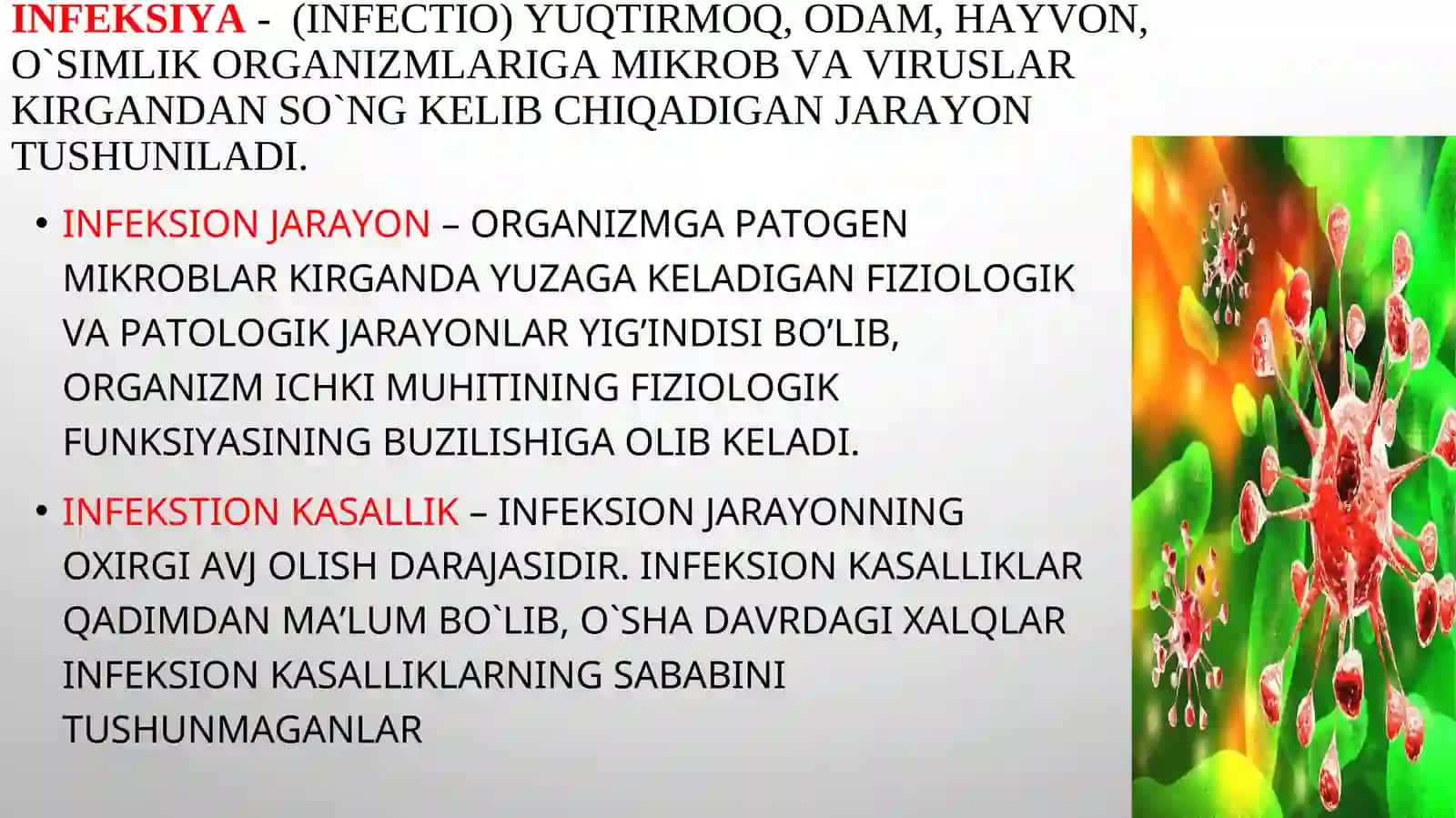 INFEKSIYA HAQIDA TA’LIMOT. YUQUMLI KASALLIKNI KELIB CHIQISH SHAROITLARI. YUQUMLI KASALLIK JARAYONINI O‘ZIGA XOS XUSUSIYATLARI. MIKROORGANIZMLAR GENETIKASI 3