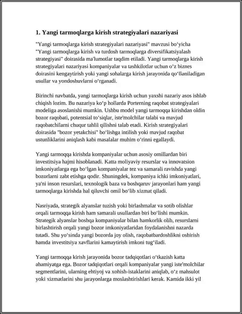 YANGI TARMOQLARGA KIRISH VA TURDOSH TARMOQLARGA DIVESIFIKATSIYALASH STRATEGIYASI 3