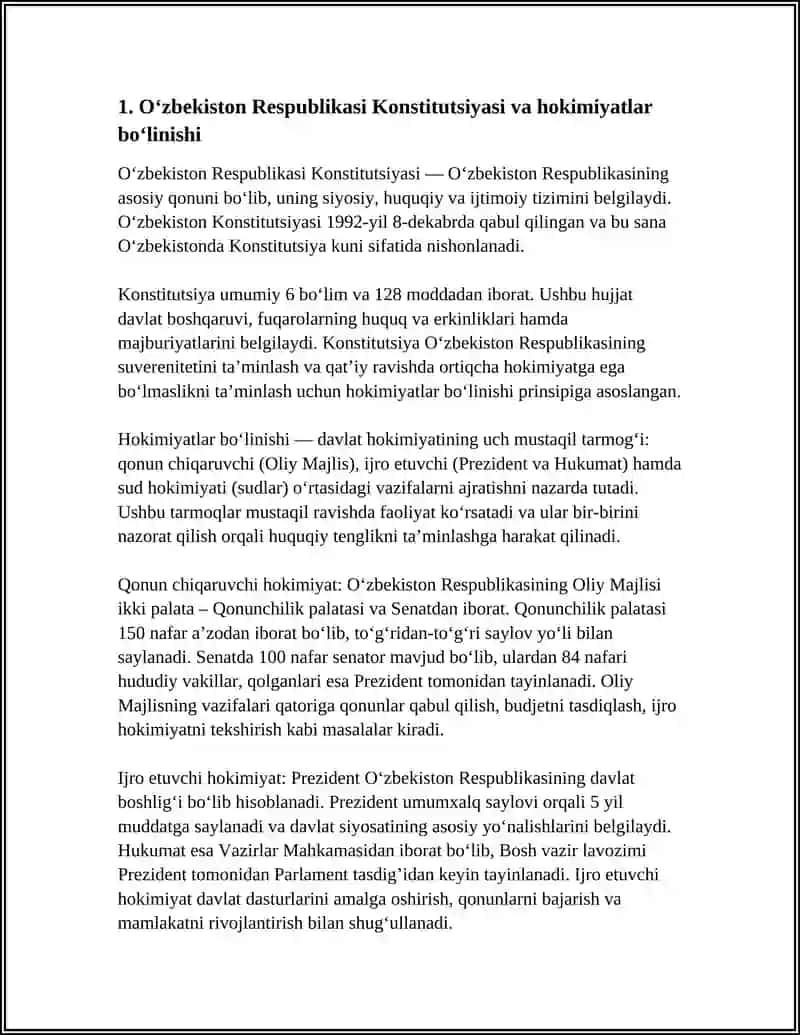 REFERAT Mavzu: OʻZBEKISTONDA RESPUBLIKADA HOKIMIYATLAR TIZIMI QONUN CHIQARUVCHI IJRO ETUVCHI VA SUD HOKIMIYATI 3