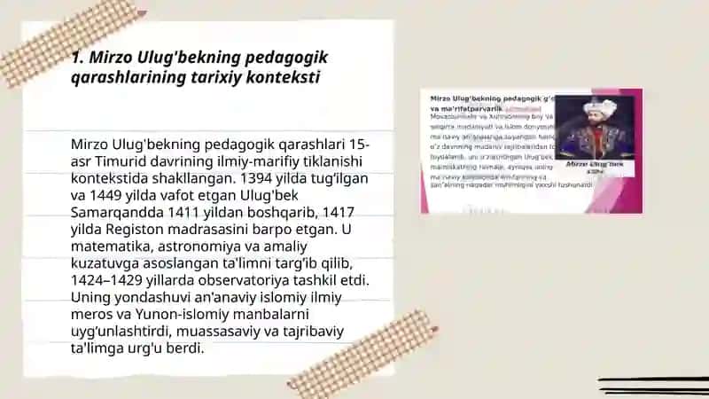 Mirzo Ulug'bekning pedagogik g'oyalari va marifatparvarlik g'oyalari 3