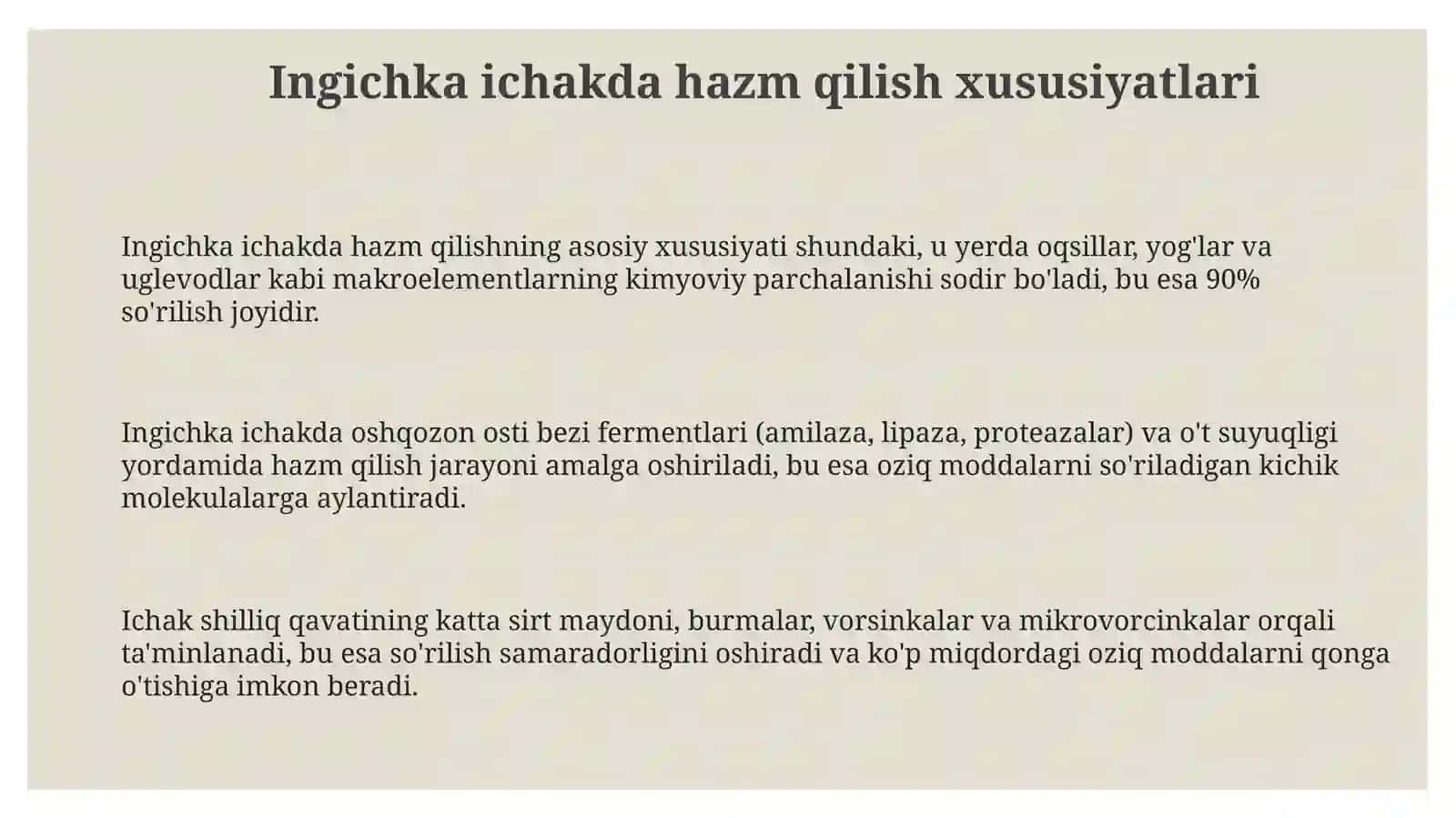 Ingichka va yo'g'on ichaklarda hazm qilishning o'ziga hosligi 3