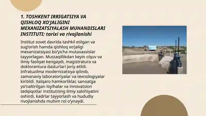 TOSHKENT IRRIGATSIYA VA QISHLOQ XOʻJALIGINI MEXANIZATSIYALASH MUHANDISLARI INSTITUTI 3