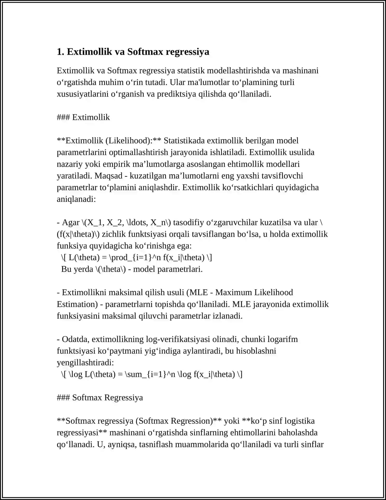 EXTIMOLLIK VA SOFTMAX REGRESSIYA FUNKTSIYASI 3