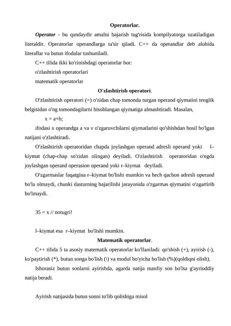 C++ TILIDA TARMOQLANUVCHI OPERATORLAR 3