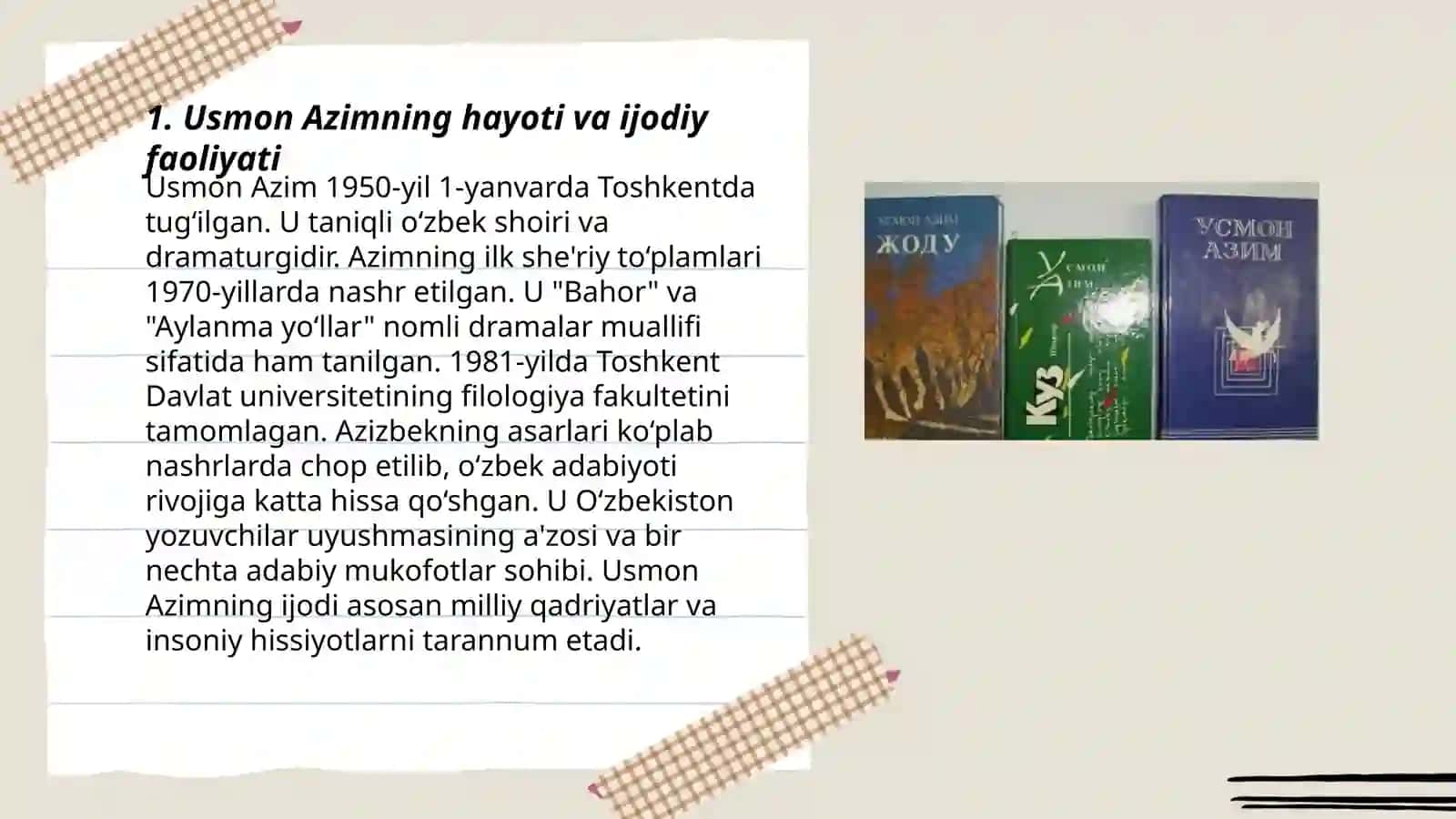 Usmon Azim hayoti va ijodi."Baxshiyona "turkumi tahlili 3
