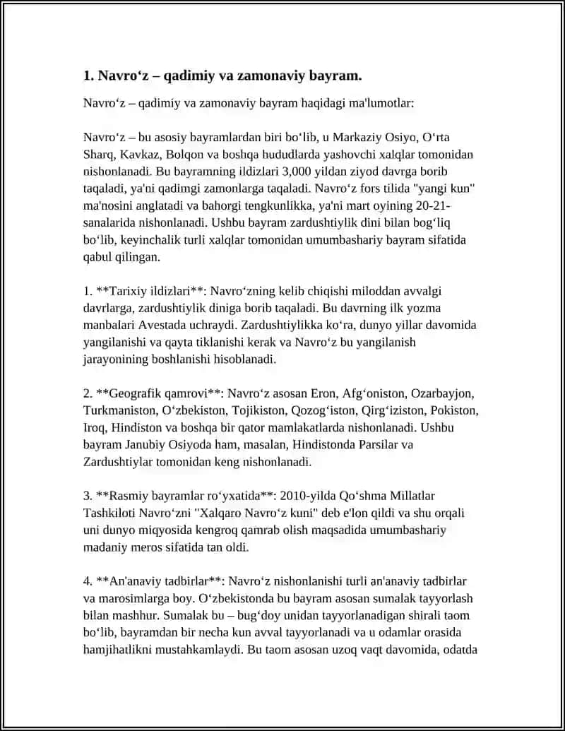 REFERAT Mavzu: NAVROʻZ QADRIYATLARIMIZ GULTOJI 21MART NAROʻZ BAYRAMIGA BAGʻISHLAB 3